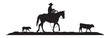 A vector silhouette of a working ranch cowboy riding a horse . The cowboy is holding a lasso rope and herding a young calf. His cow dog follows closely behind.