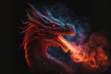 Red Dragon Breathing Fire And Smoke On A Black Background. Mythological Creature.