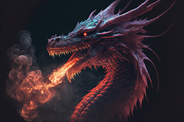 Wall Mural - Red dragon breathing fire and smoke on a black background. Mythological creature.