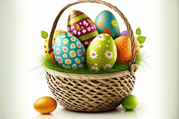 Poster - Illustration of basket full of easter eggs, white background. Generative AI