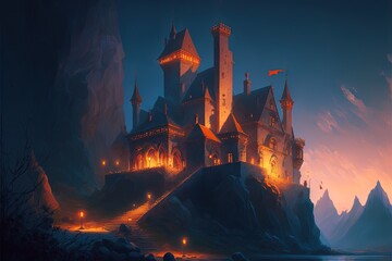 Medieval castle landscape, night scene, anime style. Generative AI