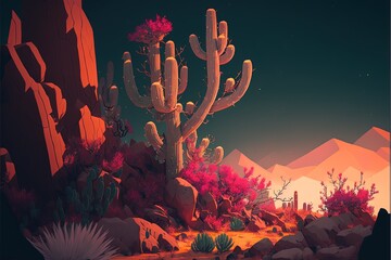 Desert landscape with cactus rocks and canyons, anime style. Generative AI