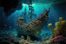 Illustration Of Pirate Ship Under The Sea With Corals And Fish. Generative AI