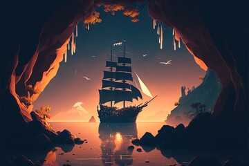 Wall Mural - Landscape with pirate boat on sea and island, night scene. Generative AI