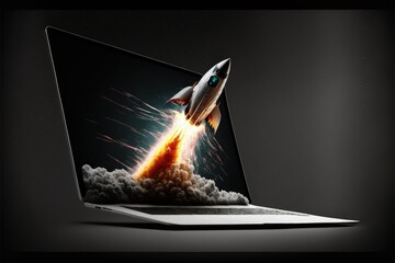 Illustration of rocket coming out of laptop screen, black background. Generative AI