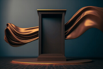 3D display podium on a brown background and flying silky cloth