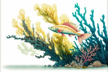 Wall Mural - Coral fish and seaweed painting illustration, white background. Generative AI