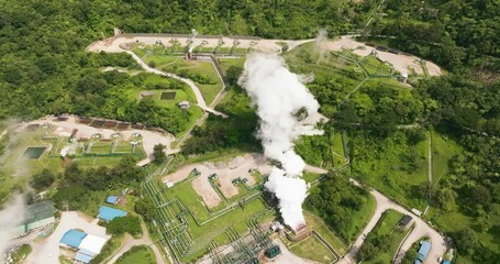 Wall Mural - Aerial drone of geothermal power plant in a mountainous province. Renewable energy production at a power station. Negros, Philippines.