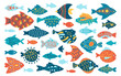 Fish with abstract tropical ornaments doodle set. Flat linear modern trendy exotic aquarium animals, nautical cartoon illustration. Various simple ornamental freshwater, sea fishes vector element