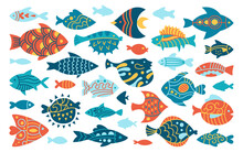 Fish With Abstract Tropical Ornaments Doodle Set. Flat Linear Modern Trendy Exotic Aquarium Animals, Nautical Cartoon Illustration. Various Simple Ornamental Freshwater, Sea Fishes Vector Element