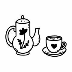 Wall Mural - Teapot and cup. Vector doodle illustration. Icon. Tea party.