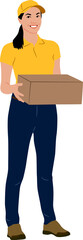 Wall Mural - Hand drawn delivery woman with a cardboard box. Female warehouse worker holding box. Vector flat style illustration isolated on white. Full length view	