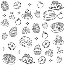 Hand Drawn Bakery And Dessert Seamless Pattern On A White Background. Vector Illustration.