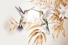 Tropical Background Wallpaper Of Golden Palm Leaves With White Hummingbird 