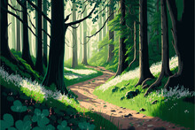 Spring Wild Forest Landscape Illustration.