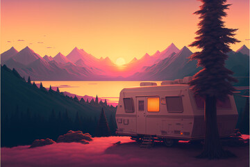 camping urlaub, camping in the woods, campsite with trailer and campfire, landscape in retro style, 