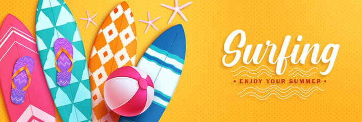 Poster - Summer surfing vector design. Surfing enjoy your summer text with colorful surfboard beach elements. Vector illustration summer surfing banner background. 
