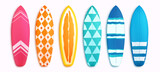 Surfing board vector set. Surfboard summer elements in colorful pattern design isolated in white background. Vector illustration summer surfing board elements collection.