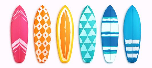 Wall Mural - Surfing board vector set. Surfboard summer elements in colorful pattern design isolated in white background. Vector illustration summer surfing board elements collection.
