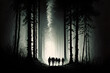 A group of people walking through a misty forest into the light at the end, souls coming back home