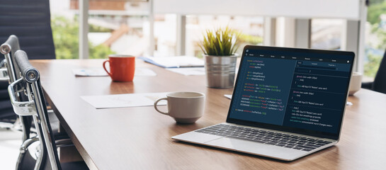 Software development programming on computer screen for modish application and program coding