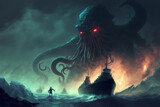 Dark fantasy scene showing Cthulhu the giant sea monster destroying ships, digital art style, illustration painting