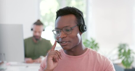 Poster - Customer support consulting, call center and black man talk on contact us CRM, telemarketing or telecom. Startup ecommerce, help desk communication and information technology consultant on microphone