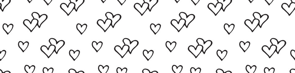 Seamless abstract pattern of small black contour hearts. Hand drawn doodle background, texture for textile, wrapping paper, Valentine's day, romantic design