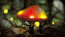 Amanita Muscaria Glowing Red Top Mushroom Releasing Spores Yellow Forest