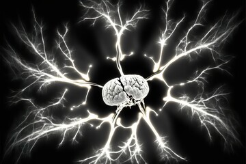 High Brain Cortex Activity for neuroscience, shown with x-ray method, looking for electrical activity of neurons and between hemispheres of brain, achieving synchronization, generative ai