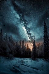 Fototapete - Foggy forest, starry sky with Generative AI