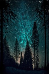 Fototapete - Foggy forest, starry sky with Generative AI