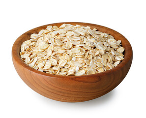 Wall Mural - oatmeal in wooden bowl isolated on white background