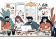 people working on a project with papers and laptops made with generative ai, vector style, flat, illustration, cartoon, line