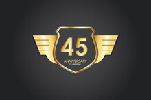 45 Years Anniversary Logotype 3D Golden Stylized Modern Shape Winged Shield On Black Background