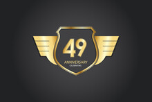 49 Years Anniversary Logotype 3D Golden Stylized Modern Shape Winged Shield On Black Background