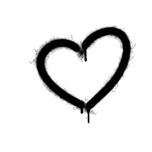 Spray Painted Graffiti Heart Icon Sprayed Isolated With A White Background. Graffiti Love Icon With Over Spray In Black Over White.