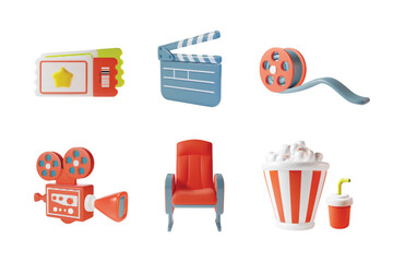 Sticker - 3d Cinema Movie Elements Icons Set Plasticine Cartoon Style Isolated on a White Background. Vector illustration