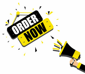 Poster - Megaphone and speech bubble order now. Loudspeaker. Banner for business marketing and advertising. Vector illustration.