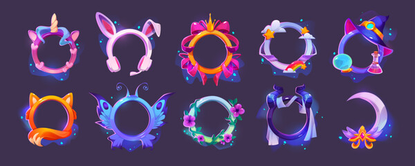 Poster - Game avatar frames with fantasy borders with animal ears, tails and wings, devil and unicorn horns, witch hat, royal crown, flowers and moon, vector cartoon set