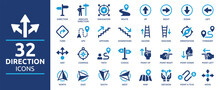 Direction Icon Set. Containing Route, Itinerary, Compass, Arrow Symbol, Path, Way, Pointing Direction And Map Icons. Solid Icon Collection.