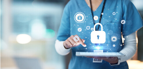 Poster - Medical cybersecurity, tablet and hands of doctor, surgeon or nurse with virtual hologram for database lock. Mockup hospital, life insurance and woman with digital archive biometric for info safety