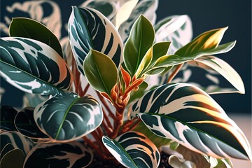 Wall Mural - Close-up view into the crown of a ficus tree with green-white leaves with Generative AI