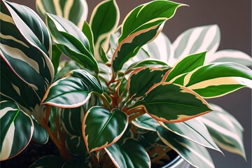 Wall Mural - Close-up view into the crown of a ficus tree with green-white leaves with Generative AI