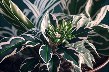 Wall Mural - Close-up view into the crown of a ficus tree with green-white leaves with Generative AI