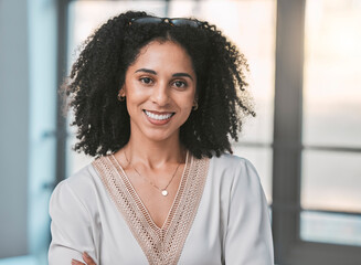 Wall Mural - Business, confidence and portrait of woman with smile at HR department at corporate startup in Brazil. Leadership, female empowerment and company management, happy manager in human resources office.