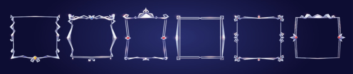 Poster - Empty square silver frames in medieval style for game ui design. Vector cartoon set of user interface elements with metal flourish thin border with gems isolated on background