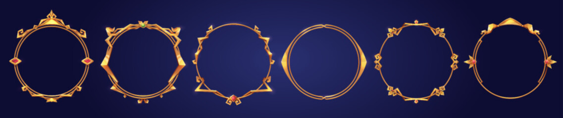 Poster - Empty circle golden frames in medieval style for game ui design. Vector cartoon set of user interface elements with gold metal thin border, decorated with gems isolated on background