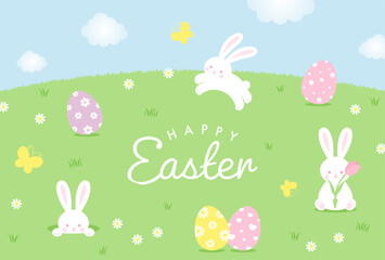 Wall Mural - easter vector background with bunny, eggs and flowers for banners, cards, flyers, social media wallpapers, etc.