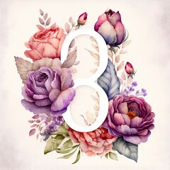 Poster - Number 8 with flowers, watercolor with Generative AI 